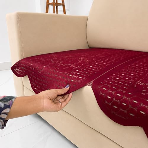 Image of Homerz Premium 'Surya Series' Sofa Cover | Stylish Sofa Protector | Net Fabric | Anti-Stain & Washable Slip Cover Exact Size Antislip (Flower Valley Maroon, 2 Seater, Only Seat Cover)