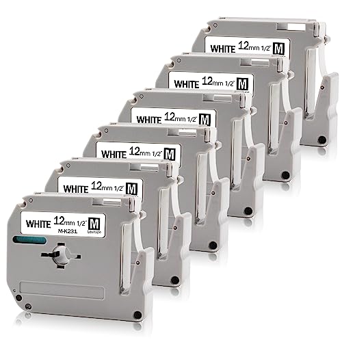 Absonic 6-Pack M231 Label Tape Compatible for Brother M-K231s M-K231 MK-231 MK231 1/2
