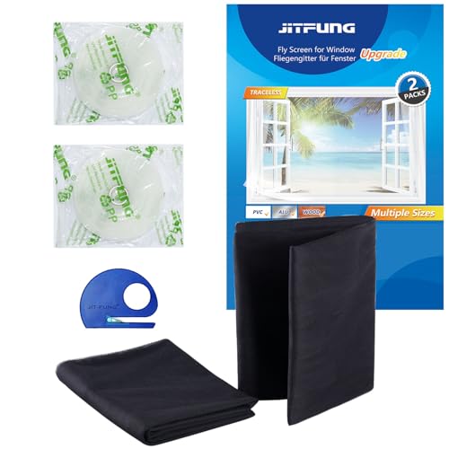 JIT-FUNG Fliegengitter Fenster- Zuschneidbares Moskitonetz 130x155cm mit Starkem selbstklebendes Klettband [SPURLOS] & Zuschneider, Kinderleichte Montage, Insektenschutz Schwarz (Bienenwabe, 2er-Set)