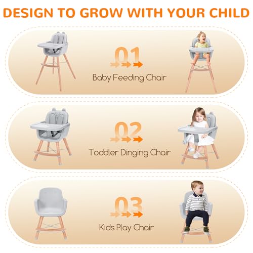 3-in-1 Baby High Chair, Convertible Wooden High Chair for Babies and Toddlers with Adjustable Legs & Dishwasher Safe Tray, Sleek Beech & Premium Leather (Grey)