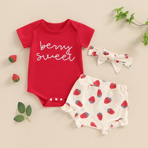 Newborn Baby Girl Summer Shorts Set Little Cutie/Berry Sweet Short Sleeve Romper Orange/Strawberry Shorts Outfit2