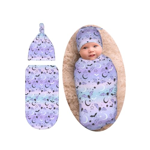 Image of Gothic Bat Goth Baby Stuff Swaddle Blanket with Beanie Set, Star and Moon Print Swaddle Sack Newborn Sleeping Sacks for Girls Boys