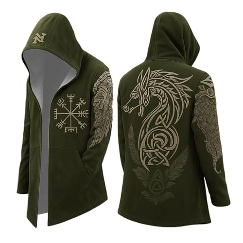 Generisch Sudadera con capucha para hombre, chaqueta medieval vikinga, brújula 3D, estampada, chaqueta de moto, gótica, poncho, gabardina Y2K, abrigo con capucha, abrigo para exteriores, T3 Verde
