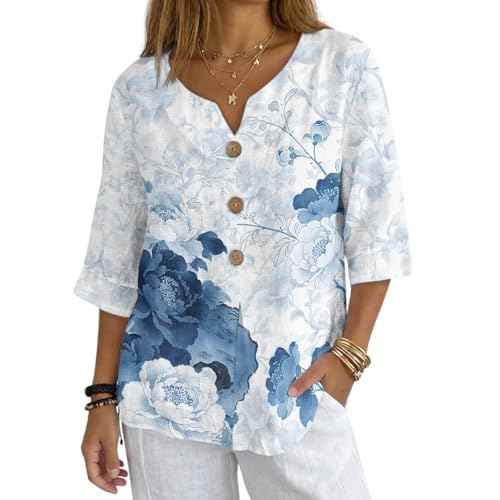 Garronmavis Flower Linen Tshirts Shirts for Women Floral 3/4 Sleeve