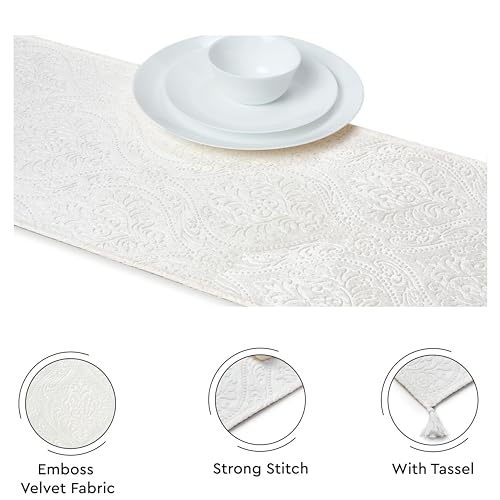 Image of Encasa XO 8 Seater Dining Embossed Velvet Table Runner | Size 32x240 cm | Cream Color with Premium Polyester - Machine Washable