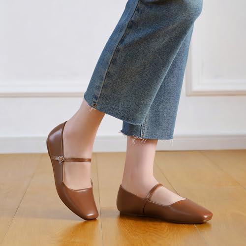 Image of MUSSHOE Square Toe Mary Jane Flats for Women: Comfortable Non-Slip Dressy Business Casual Shoes with Adjustable Strap for Office Work