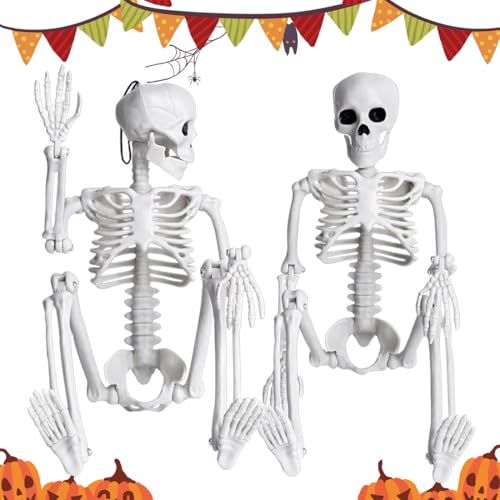 2 esqueletos decorativos de Halloween, 40 cm, miniesqueleto colgante, esqueleto de plástico para Halloween, cuerpo entero, mini esqueleto colgante con articulaciones móviles para Halloween, casa