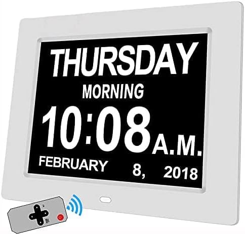 [2022 Newest] 12 Alarms Dementia Clock 8 Inch Large with Remote Control, 5 Levels Auto Dimmable, Non-Abbreviated Date and Day Clock with Calendar for Alzheimers Seniors with Digital Frame Feature