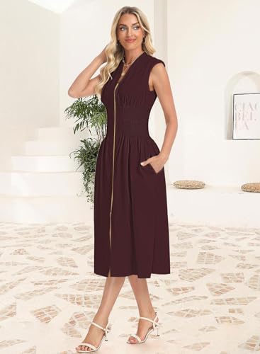 Womens Dress Deep V Neck Zip Up Cap Sleeve Smocked Elastic Waist Split Summer Casual Midi Dress with Pockets4