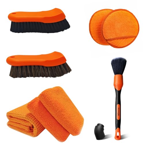 7PCS Car Interior Cleaning Kit with Horse Hair Leather Brush for Car Seat, Carpet Brush and Car Detailing Brush, Microfiber Towel and 2 Wax Applicator Pads for Car Cleaning and Care, Orange
