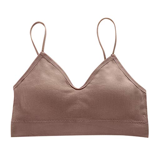 Leyerer Women's V Neck Tube Top Bra Ribbed Padded Camisole Bandeau Sports Bra Sleep Bra with Elastic Slim Straps Brown