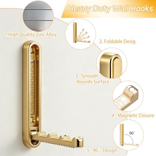 4.33 in Extended Folding Coat Hooks, 2 Pack Gold Wall Hooks, Zinc Alloy — view 3