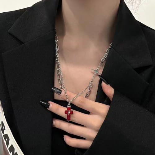 GulCean Goth Cross Necklace for Men Stainless Steel Trendy Y2K Layered Paper Clip Cross Cuba Chain Red Black Zircon Liquid Metal Cross Pendant Charm Choker Necklace for Women3