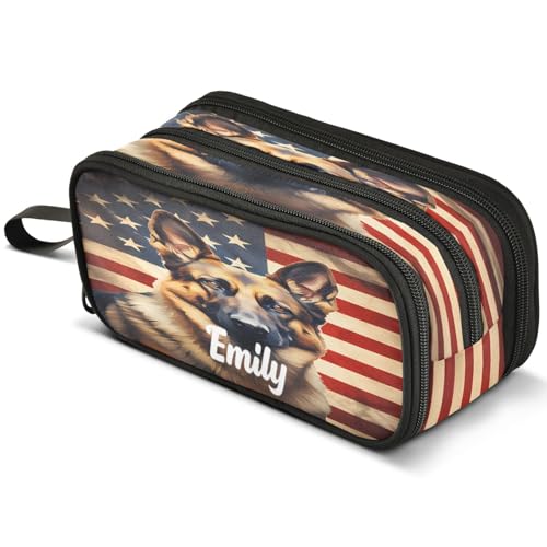Image of ALAZA Custom Large Pencil Case with Name Usa Flag German Shepherd Dog, Pen Pouch Pencil Bag with 3 Compartments Pen Holder Organizer Stationery Bag