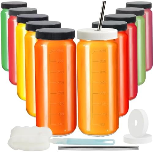 8 Pack 16oz Glass Juice Bottles - Airtight Leak-Proof Lids, Wide Mouth Mason Jars With 2 Straws & Straw Brush, Reusable For Smoothies, Tea, Water