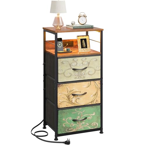 WLIVE Nightstand with Charging Station, 31.9" H Nightstand with 3 Fabric Drawers, LED Bedside Table with USB Ports and Outlets, End Table for Dorm, Bedroom, Entryway, Floral Painted