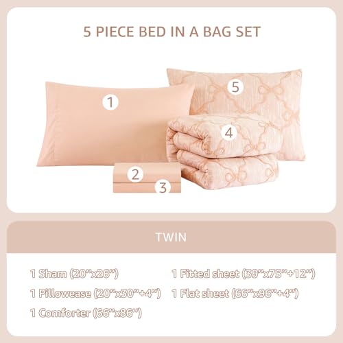 Image of Twin Comforter Set with Sheets for Girls-5 Pieces Bow Twin Bedding Sets | Soft Jacquard Bed Set with Blush Comforter, Pillowcases & Shams, 66 inch X 86 inch