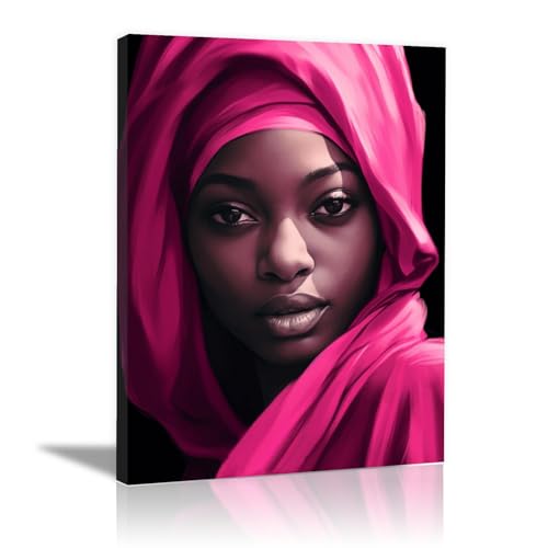 Tableau en toile rose noir africain femme encadrée 50x70cm décoration murale
