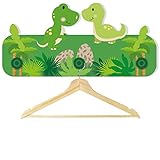 Kindergarderobe Motiv DINO in der Größe 30 x 16 x 1 cm - Gefertigt aus stabiler Hartschaumplatte mit 3 Holzknöpfen als Haken - kein Herunterfallen der Kleidung!