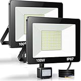 100W LED Strahler mit Bewegungsmelder Außen 2 Stück, YIQIBRO IP67 Wasserdichte PIR LED Fluter Flutlicht, 10000LM 7000K Kaltweiß Superhell LED Scheinwerfer Aussenstrahler für Eingang Garten Garage Hof