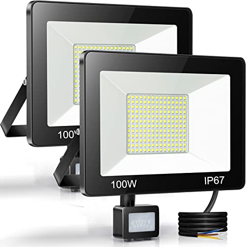 YIQIBRO 100W Projecteur LED Exterieur Detecteur de Mouvement 2 Pièce, IP67 Étanche Spot LED Avec Détecteur, 10000LM 7000K Blanc Froid Eclairage Exterieur, Lampe Exterieur pour Jardin Terrasse Entrée