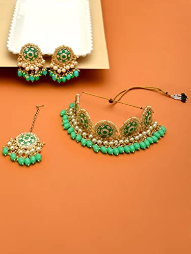 Image of ZAVERI PEARLS Green Meenakari Choker Necklace Earring Maangtikka & Ring Set For Women-ZPFK11606
