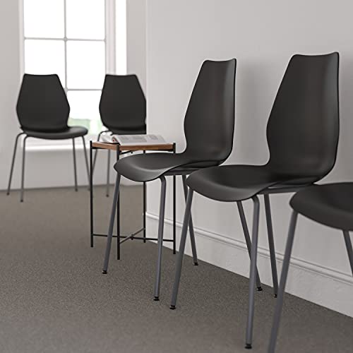 Emma + Oliver Black Stack Chair with Lumbar Support and Silver Frame