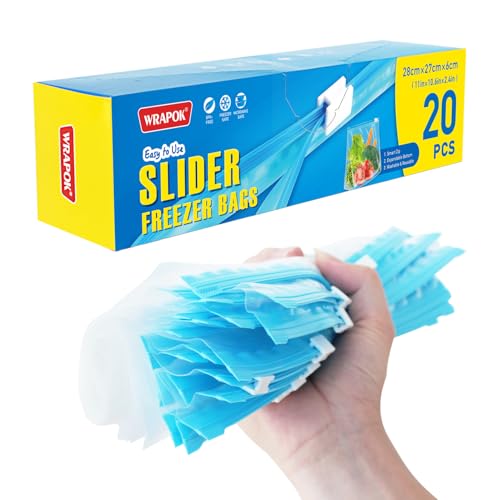 WRAPOK Zip Lock Freezer Bags Large Food Bag Plastic Ziplock Storage Reusable Bag for Kitchen, 11 x 10.6 Inch - 20 Count