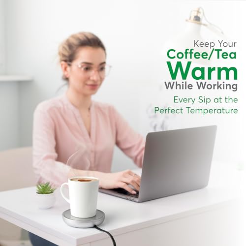 Coffee Mug Warmer with Auto Shut-Off – Compact 17W Cup Warmer for Desk with Gravity Switch – Electric Candle Warmer Plate for Jar Candles – Keeps Coffee, Tea & Drinks Warm – Safe & Durable (Silver)