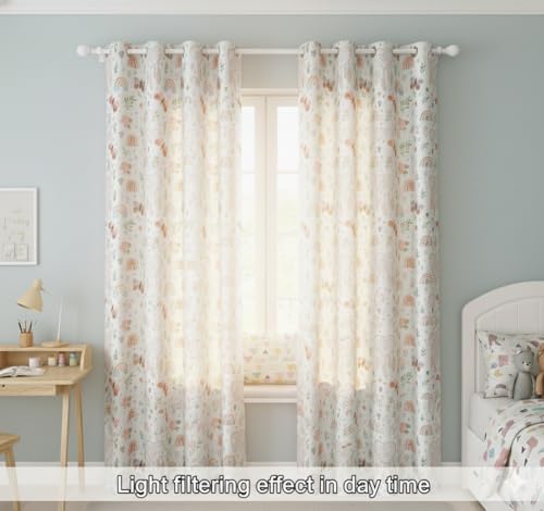 Image of Light Filtering Butterfly Rainbow Print Curtain for Kids Room Girls Room Boys Room Curtains 7 Feet Set of 2 pcs Door Panels 7 ft Curtain for Play School