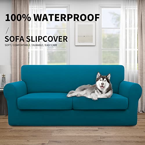 Image of Easy-Going Waterproof 3-Piece Oversized Loveseat Couch Covers for Sofa | 3-Piece Set Spandex Sofa Cover Slipcover Elastic Bottom Dog Pet Friendly Peacock Blue