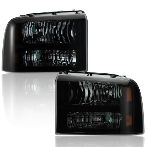 Image of GRAND ORANGE Pair Headlights Assembly, Compatible with Ford F250 F350 F450 F550 Super Duty 2005-2007, Fit Ford Excursion 2005, Left Driver & Right Passenger, Smoky Lens Black Housing Amber Reflector