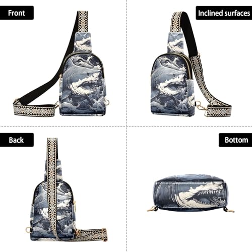Women’s Sling Bag Vintage White Shark Print with Adjustable Strap Zipper Closure, PU Leather Water Resistant Crossbody Bag Purse Chest Bag4