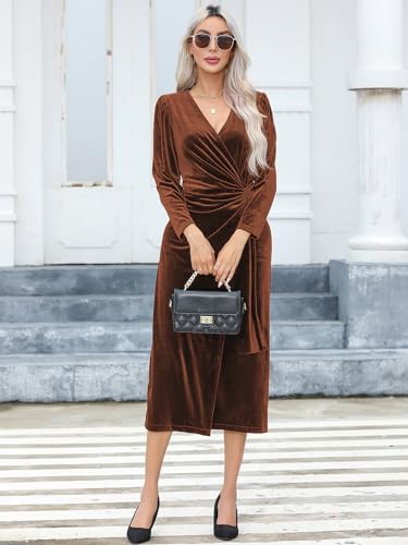 R.Vivimos Womens Velvet V Neck Wrap Dress Fall Winter Long Sleeve Waist Ruched Elastic Elegant Midi Dress2