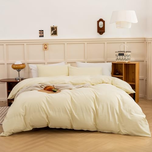 Image of ECOCOTT Duvet Cover King Size, 100% Washed Cotton Linen-Like Soft & Breathable, Durable Comfy Bedding Set for All Seasons Light Yellow