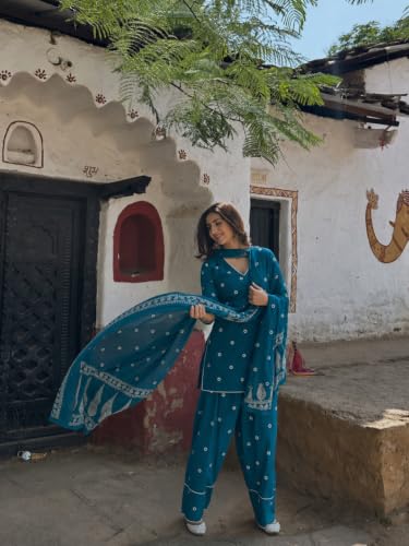 Image of ANNI DESIGNER Farshi Salwar Suit for Women | Cotton Blend Printed Straight Kurta with Dupatta | Farsi Farasi Parsi Ethnic Indian Office Party Wedding Clothing Fashion Premium Traditional Look 3 Piece