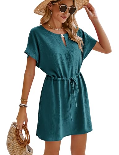 Bluetime Women Casual Summer Swimsuit Coverup Bikini Beachwear Coverups Flowy Short Sleeve Beach Dress (XL, Teal Blue)
