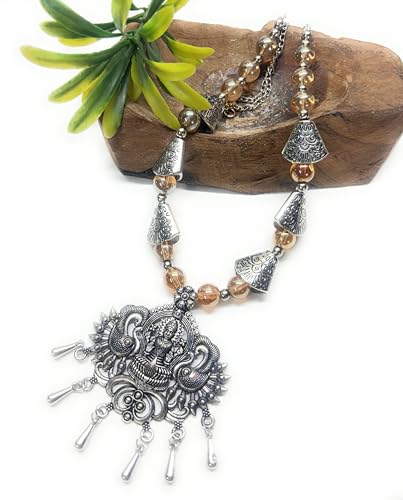 Image of Antique Silver Lakshmi Temple Necklace with Amber Glass Beads, Peacock Design Pendant, Traditional Indian Jewellery