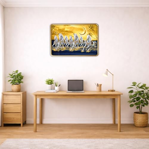 Image of XOPY Seven Running Horses with Golden Frame | Vastu 7 horses Raw Pyrite Painting for Home, Office & Living Room Wall Decore | 12X18 Inch Sparkle Laminated Frame | Best For Gifting (53302, 12X18)