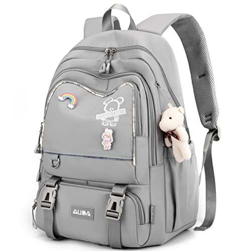 Mochila casual feminina com padrão de urso, mochila de estudante, com pingente de urso, pode conter notebook de 15,6 polegadas CUTBLAJAT-9470 (Cinza)