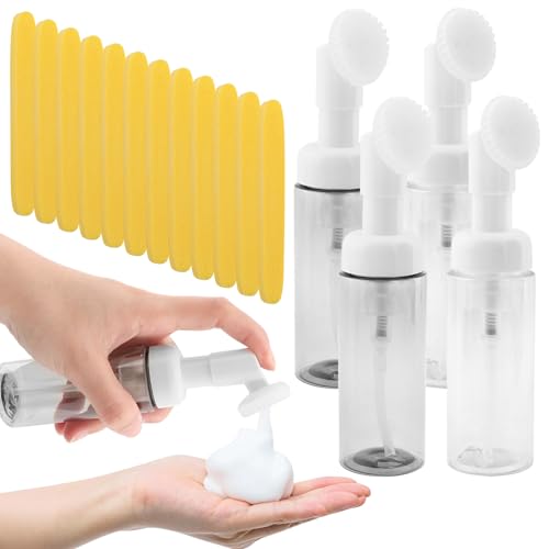 4pcs Foaming Soap Dispenser with 12 Compressed Facial Sponge, 60ml Facial Cleanser Foaming Bottle Mousse Foaming Soap Pump Container for Hand Soap, Body Washes, Shampoo