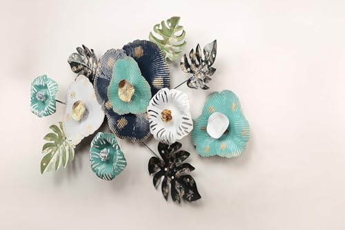 Image of SMILES GIFT Luxury Imported Wall Hanging | Handcrafted Metal Blue & Green Flower Decoration | Home Decor for Living Room & Office