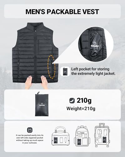 Outdoor Ventures Herren Packbare Steppweste Outdoor Übergangswesten Gefütterte Hybrid Sportwesten für Männer Laufen Golf Wandern Reiten Schwarz L