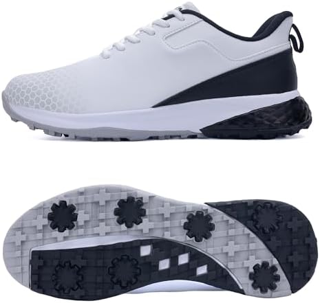 HuJAT Men's Spiked Golf Shoes Slip-On Waterproof Non-Slip Comfortable Outdoor Walking Footwear for Golfers WhiteBlack US Size 9.5