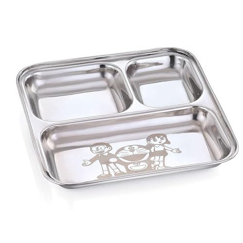 Image of Expresso - Heavy Duty Stainless Steel Square Small Dinner Plate with 3 Sections Divided Mess Trays for Kids Lunch, Camping, Events & Every Day Use Kitchenware, Cartoon Design