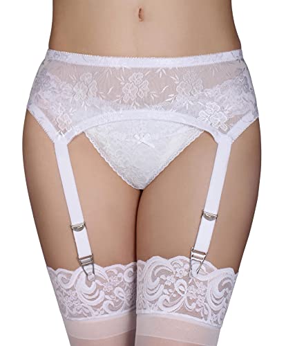 GARGALA Lace Garter Belt Sexy Suspenders for Women Lingerie Plus Size with 4 Vintage Metal Clips for Stockings (Pure White, Large)