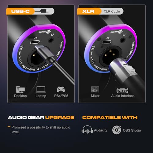 PUPGSIS XLR/USB Podcast Microphone, Gaming Mic with Mute Button, Reverb Effects, Noise Cancellation, Boom Arm Stand, Headphones Jack, Dynamic Microphone for Streaming/Recording/Gaming/Vocal-Black — view 5
