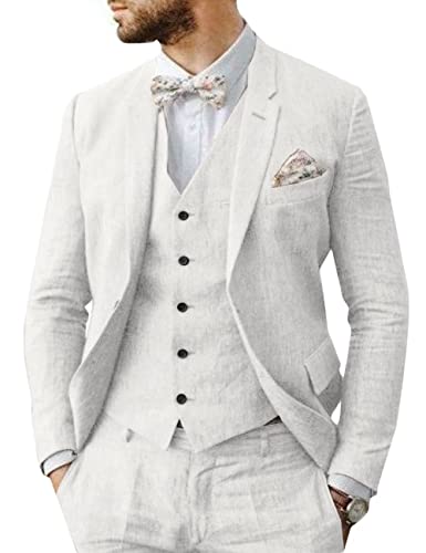 Wangyue White Linen Suit 3 Pieces Retro Wedding Prom Suits Slim Fit Casual Seersucker Suits Groom Tuxedos Xs #TOP22