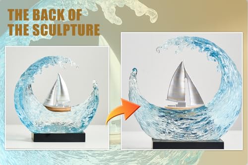 Escultura de Velero en Onda Marina de Resina Azul miniatura 5