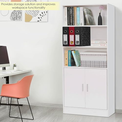 Image of About Space 5 ft Kitchen Cabinet - 5 Tier Wooden Storage Cabinet with 3 Open Shelves & 2 Magnetic Door Crockery Cabinets, Easy to Assemble for Home Living Room (White - L 57 x B 25 x H 158 cm)